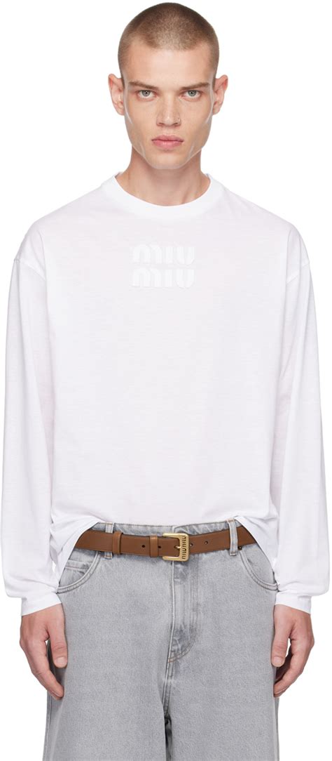 miu miu folk embroidered sleeve shirt|White Long.